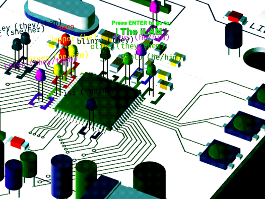 LED-Lämpchen mit den Namen der Teilnehmer:innen versammeln sich um den Chip einer Platine | © Fuzzy Binaires