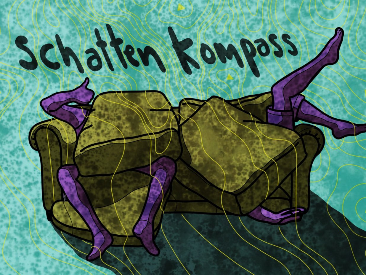 Grafik: zwei Personen sitzen auf einem Sofa und verstecken sich unter den Polstern.