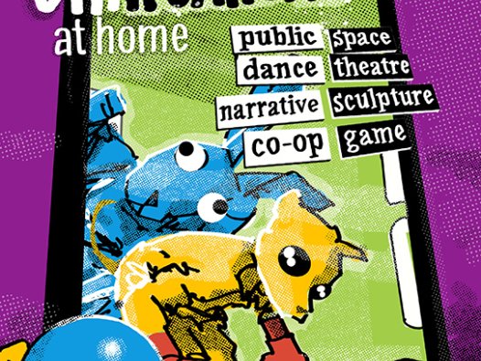 Flyer mit einem Comic der zwei Tierfiguren zeigt. Darüber steht Wild Chihuahuas at Home, Public Space, Dance Theatre, Narrative Sculpture, Co-op Game, im unteren Bildrand ragen zwei Hände ins Bild, die einen Ball halten | © © Wild Chihuahuas e.V.  / Pelle Ask 2022